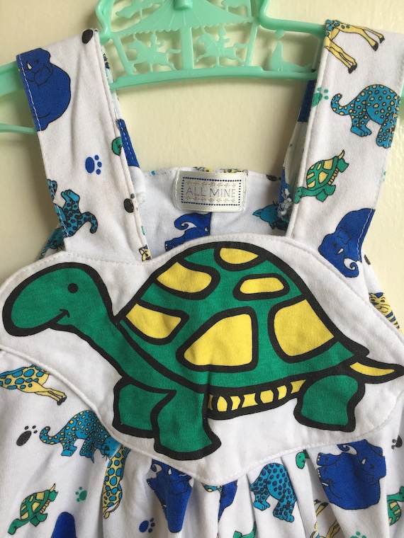 VTG All Mine Baby Boy Overalls Romper Turtle Zoo … - image 2