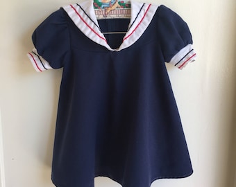 Vintage Sailor Dress Sz 12/18M Nautical Boat Navy Blue