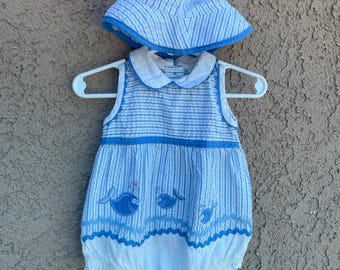 VTG Baby Okie Dokie Girl Romper W/Hat Shorts Striped Whales  Sz 0/3M