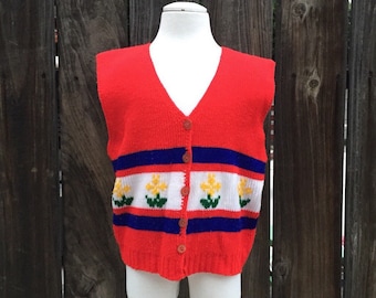 VTG Girl Boy Knit Vest Red Flowers White Sz 8-10 Yellow Retro