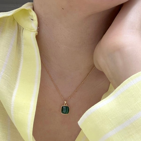 Square Malachite Necklace. Green Malachite Necklace. Gift For Her. Mother's Day Gift. Gold Necklace. Layering Necklace.