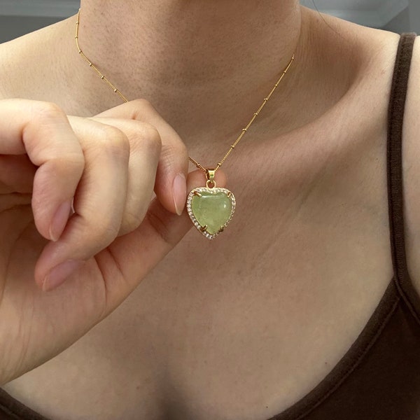 Vintage Light Green Jade Necklace. Puppy Heart Charm Necklace. Gift For Her. Mother's Day Gift. 14k Gold Filled Necklace.