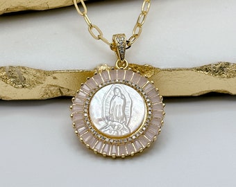 Collana della Vergine Maria. Collana con ciondolo miracoloso. Collana Mary in madreperla. Collana con medaglione. Gioielli religiosi. Regalo per lei.