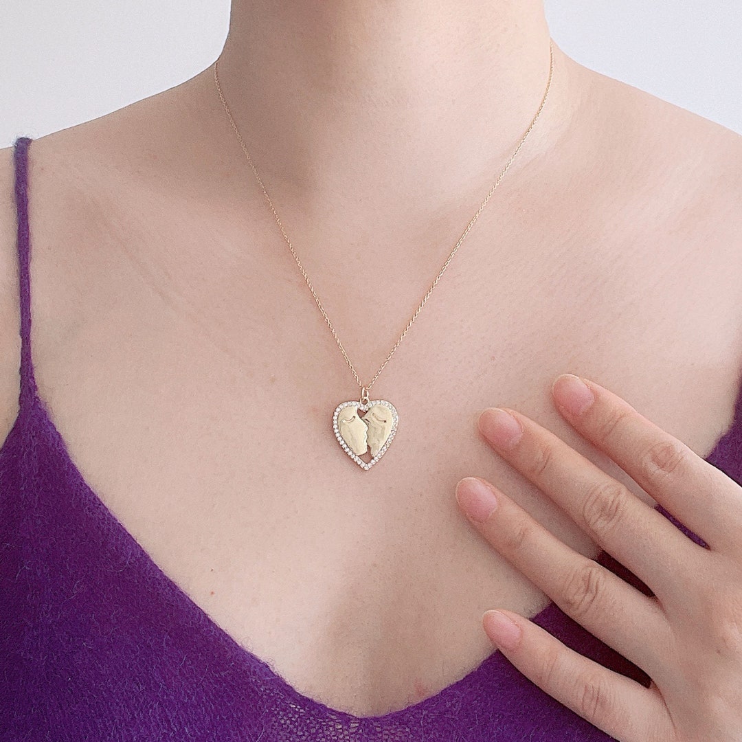 Lover Kissing Pendant Necklace. Gold Heart Necklace. Love Gift Necklace