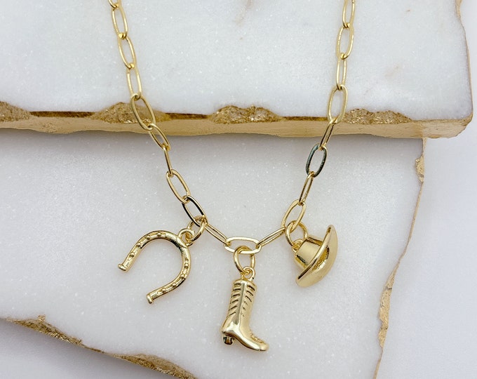 Cowgirl Necklace. Gold Cowboy Boot, Hat and Horseshoe Necklace. Western Necklace. for Women. for Girl. Gift Jewelry.