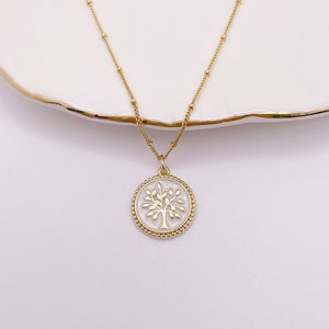 Gold Tree of Life Pendant Necklace. Dainty Enamel Tree Coin Pendant Necklace. image 5