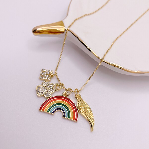 Rainbow Bridge dog Necklace. Loss of Pet Memorial Jewelry. Sympathy Dog Memorial Gift. Pet Initial. Paw Symbol. Angel Wing. Gift for Her.