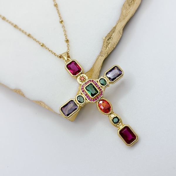 Vintage Cross Necklace. Multicolor Cross Necklace. Religious Jewelry. Antique Cross Necklace. Statement Necklace. Mother's Day Gift.