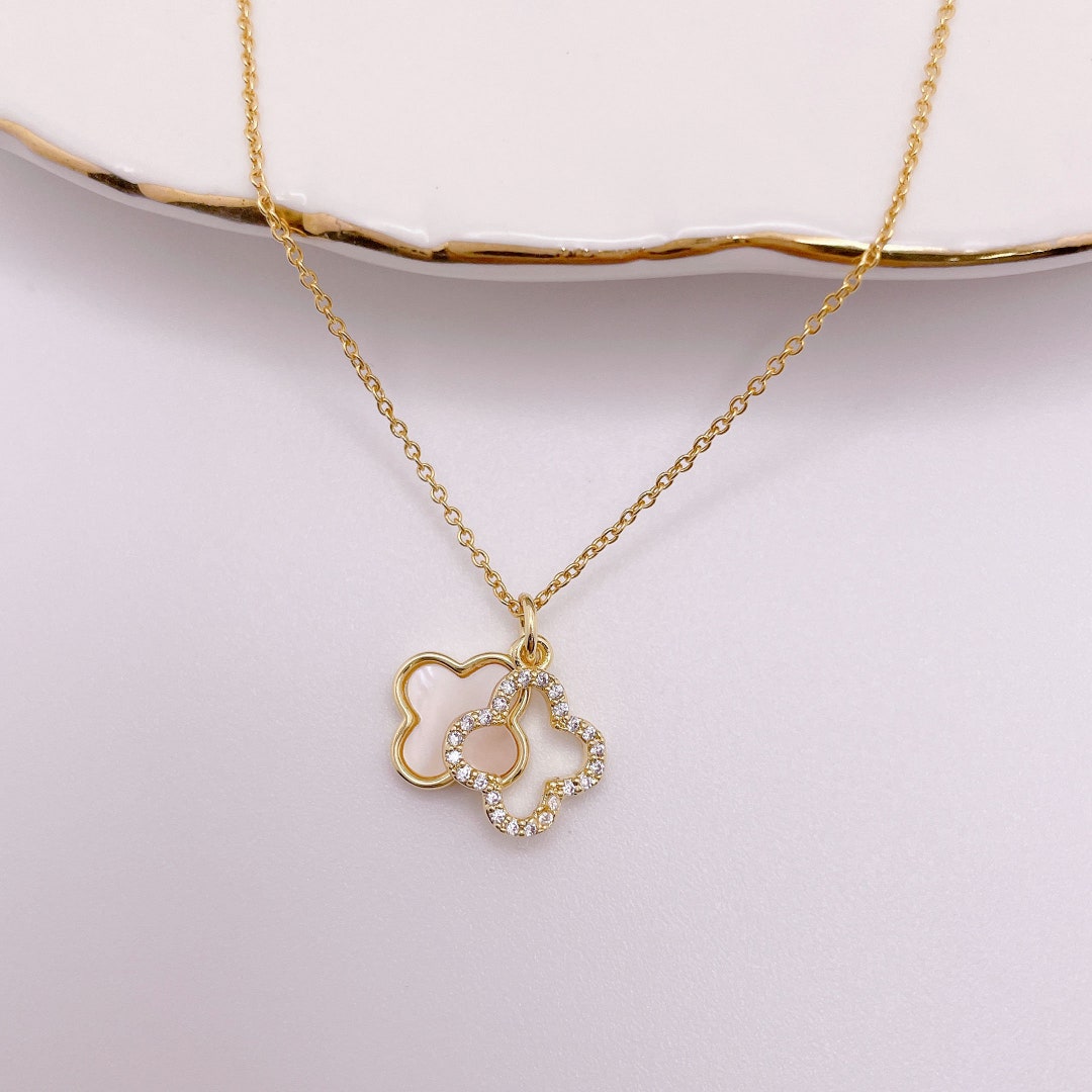 Double Clover Necklace. Flower Necklace. Pave Clover. Mother of Pearl ...