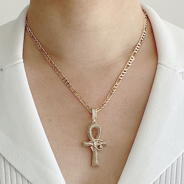 Large Ankh Pendant Necklace. Eye Of Horus. Egyptian Ankh Cross Necklace. Spiritual Necklace. Figaro Chain Necklace.