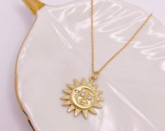 Matt Gold Moon and Sun Pendant Necklace. Celestial Jewelry. Sun Necklace. Moon Necklace. Birthday Gift. Gift for Her. Gift for Women.