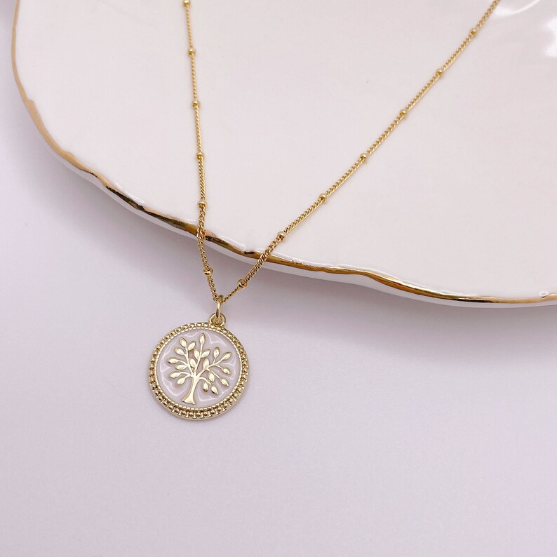 Gold Tree of Life Pendant Necklace. Dainty Enamel Tree Coin Pendant Necklace. image 6