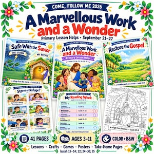 Puede incluir: Una colección de materiales educativos titulada Come, Follow Me 2026 A Marvellous Work and a Wonder, con ilustraciones coloridas de Jesucristo con niños, referencias de escrituras, un calendario de lectura y páginas para colorear.