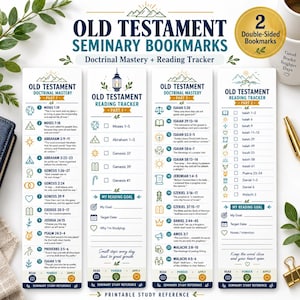 Puede incluir: Cuatro marcapáginas rectangulares titulados Old Testament Seminary Bookmarks, que presentan listas de dominio doctrinal y rastreadores de lectura. Los marcapáginas blancos incluyen texto en azul y dorado, referencias numeradas, casillas de verificación e iconos.