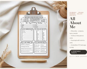 LDS All About Me Printable Set of 3, Primary Young Women Relief Society Getting to Know You Form, Spotlight Questionnaire, Digital Download