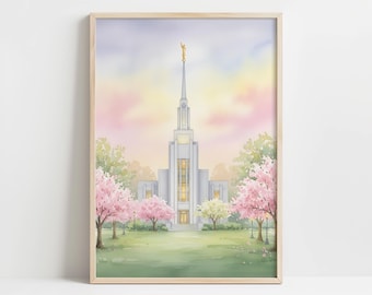 Springtime Twin Falls Idaho Temple Art - Serene Pastel Watercolor Illustration, Cherry Blossom Scene, Printable Family Wall Decor 30