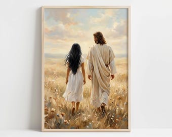 Dark Haired Woman Walking With Christ - LDS Art, Walk With Me, Young Women's Theme 2026, Come Follow Me, Jesus Picture LDS