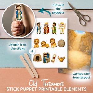 Può includere: Un set stampabile di marionette a bastoncino sull'Antico Testamento con figure animate, leoni, una pietra, una pergamena e una lampada. Il set include bastoncini di legno per l'assemblaggio e uno sfondo di grotta da ritagliare.