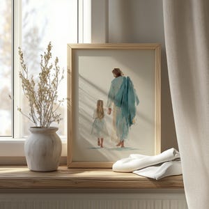 Spiritual Jesus and young girl digital download for home — calming scenes with delicate brushstrokes in pastel tones.