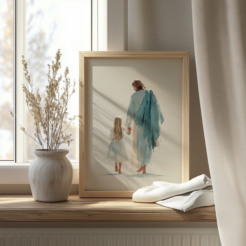 Spiritual Jesus and young girl digital download for home — calming scenes with delicate brushstrokes in pastel tones.