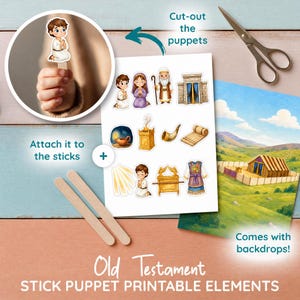 Puede incluir: Una hoja imprimible de elementos de marionetas de palo del Antiguo Testamento con figuras ilustradas, un templo, un altar, una lámpara, un pergamino y una túnica, junto con dos palitos de madera, tijeras de metal y un fondo de paisaje.