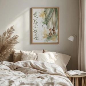 Bare feet walking poster for hallway — relaxed watercolor design encourages movement with gentle sage and gold tones.