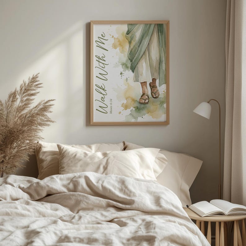Bare feet walking poster for hallway — relaxed watercolor design encourages movement with gentle sage and gold tones.