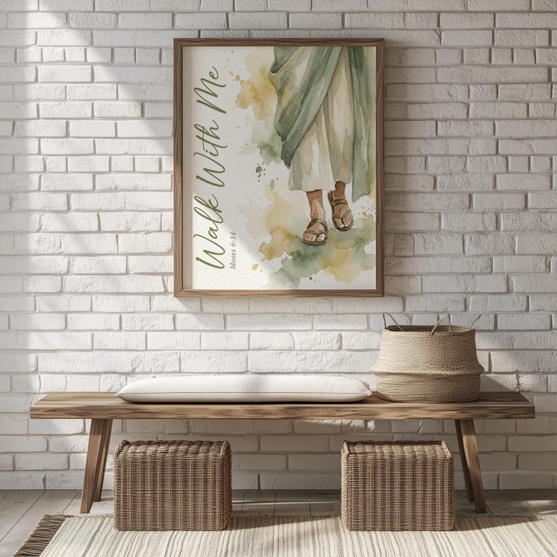 Lower legs in simple sandals artwork for nursery — cozy, soothing colors and playful script provide a peaceful, inviting space.