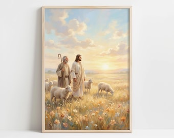 Jesus the Good Shepherd in Pastoral Landscape - Printable Inspirational Wall Art, Peaceful Devotional Scene with Shepherd and Sheep  18