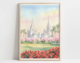 Spring LDS San Diego Temple Wall Art - Soft Watercolor Art, LDS Decor, Digital Download Printable