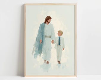 LDS Baptism Art Print - Jesus Christ with Child in Gentle Scene, Soft Pastel Watercolor-Style Illustration, Inspiring Christian Décor 12
