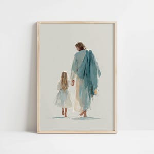 Devotional Jesus and girl picture for spiritual decor — soft hues and a calming, protective atmosphere in a minimalist style.
