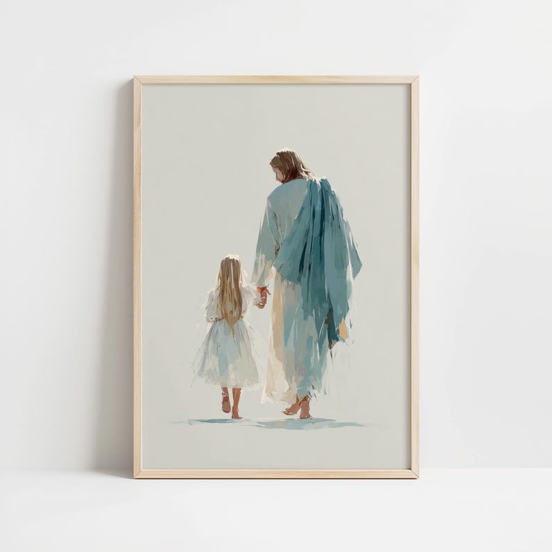 Devotional Jesus and girl picture for spiritual decor — soft hues and a calming, protective atmosphere in a minimalist style.