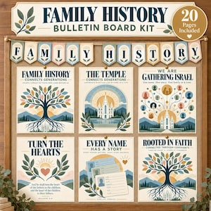 Może przedstawiać: Zestaw tablicy ogłoszeń o historii rodziny zawierający baner z napisem FAMILY HISTORY oraz sześć plakatów z ilustracjami drzew, świątyń i wykresów genealogicznych. Zestaw zawiera 20 stron z nadrukami do ekspozycji.