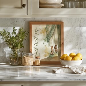 Lower legs and bare feet in sandals poster for cozy bedroom — warm gold and sage hues create a serene, calming atmosphere.