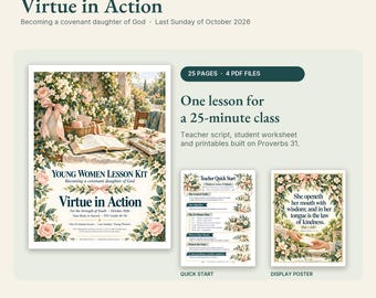 Puede incluir: Un kit de lección digital titulado Virtue in Action para una clase de 25 minutos, con 25 páginas y 4 archivos PDF. El kit incluye una guía de inicio rápido para el profesor y un póster con ilustraciones florales y texto.