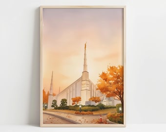 Seoul Korea Temple Watercolor Print | LDS Temple Art | Digital Download | Fall Wall Art