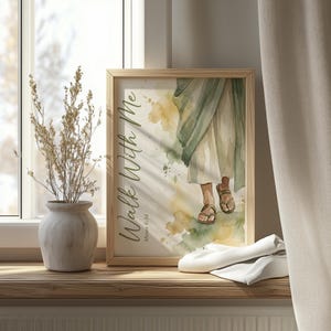 Sandaled feet mid-stride printable art for home office — calming watercolor aesthetic inspires tranquility with sage and warm hues.