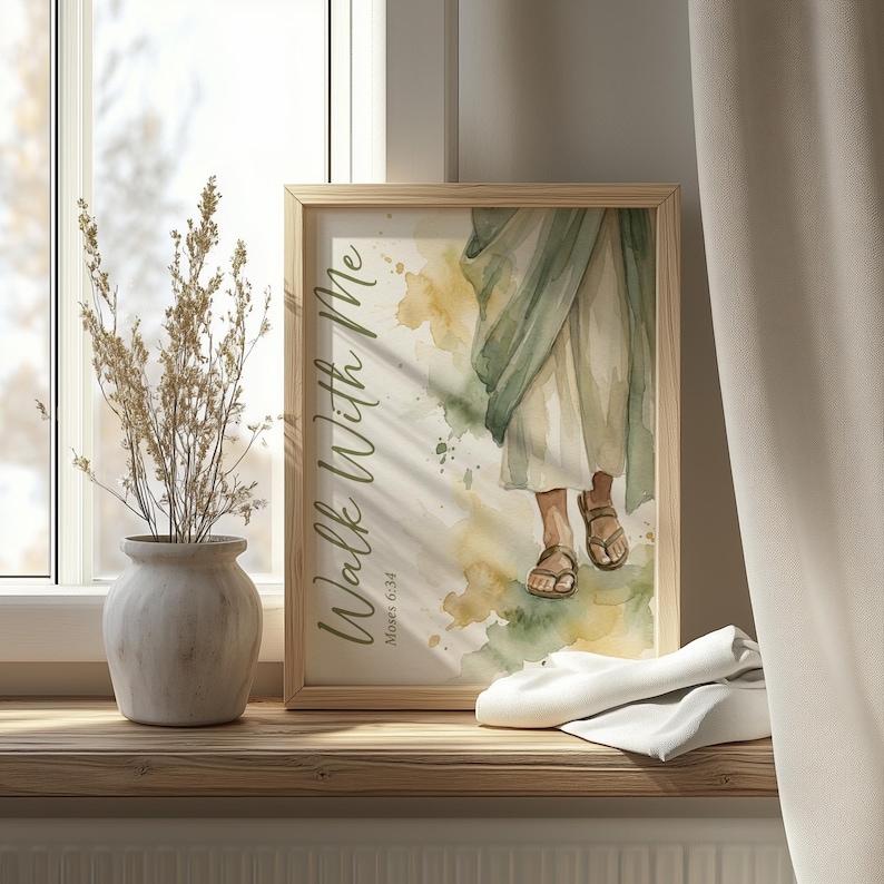 Sandaled feet mid-stride printable art for home office — calming watercolor aesthetic inspires tranquility with sage and warm hues.