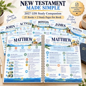 May include: A spiral-bound 2027 LDS study companion featuring the New Testament Made Simple. The pages display detailed layouts for the book of Matthew, including sections for big ideas, key people, and restoration connections with blue and gold text.