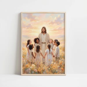 May include: A framed print depicts a serene scene of a figure in a white robe surrounded by children in a field of wildflowers. The artwork features soft colors and a warm, inviting atmosphere, with a focus on unity and compassion. The background shows a sunset.