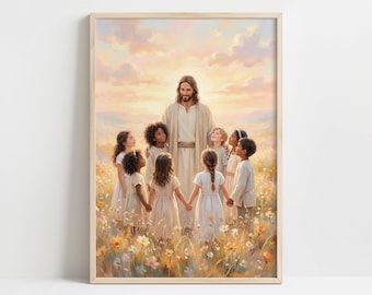 Obra de arte espiritual imprimible de Jesús y los niños: escena pastoral con un grupo diverso, decoración religiosa pacífica, pintura digital luminosa 20