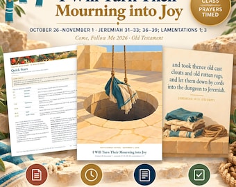 Könnte beinhalten: Ein Jugend-Sonntagsschul-Unterrichtsset mit dem Titel I Will Turn Their Mourning into Joy, bestehend aus gedruckten Materialien, einem 25-Minuten-Timer, Arbeitsblättern und einem Lösungsschlüssel mit Illustrationen von Brunnen.