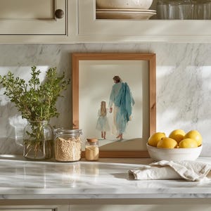 Tender moment between Jesus and a child printable art for church hall — soothing colors and gentle brushstroke design.