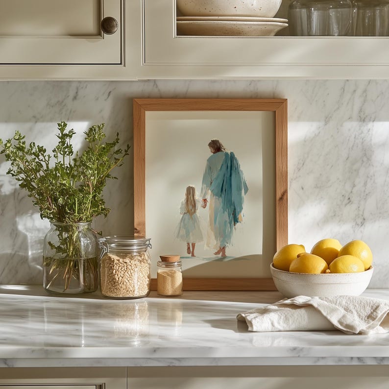 Tender moment between Jesus and a child printable art for church hall — soothing colors and gentle brushstroke design.