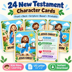 May include: A set of 24 New Testament character cards featuring cartoon illustrations of biblical figures like Jesus and Mary. The cards include scripture-based facts, names, and educational content. The digital file is formatted for 21.6 cm x 27.9 cm paper.