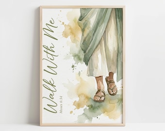 Walk With Me LDS Theme Watercolor - Printable Calming Cottagecore Art, Sage Gold Tones Mid-Step, Minimalist Walk Wall Art Download 27