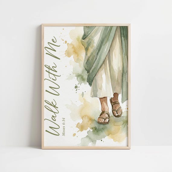 Walk With Me LDS Theme Watercolor - Printable Calming Cottagecore Art, Sage Gold Tones Mid-Step, Minimalist Walk Wall Art Download 27