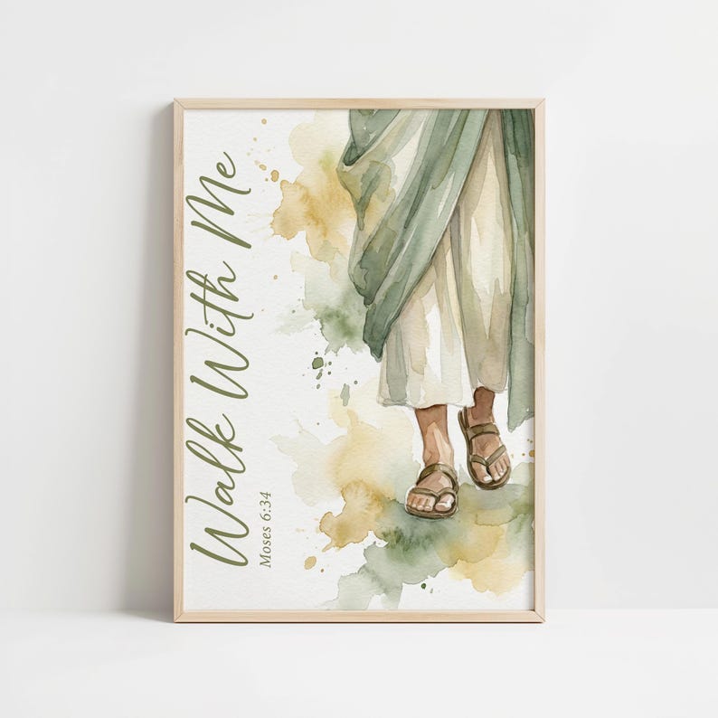 Sandaled feet mid-step poster for art studio — light and airy atmosphere featuring calming sage and muted gold tones.