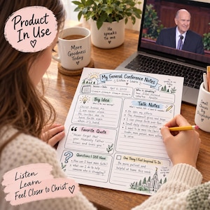 May include: A white paper note-taking sheet titled My General Conference Notes with sections for session date, speaker, big ideas, talk notes, favorite quotes, and questions. The sheet features hand-drawn illustrations of mountains, trees, and a temple.